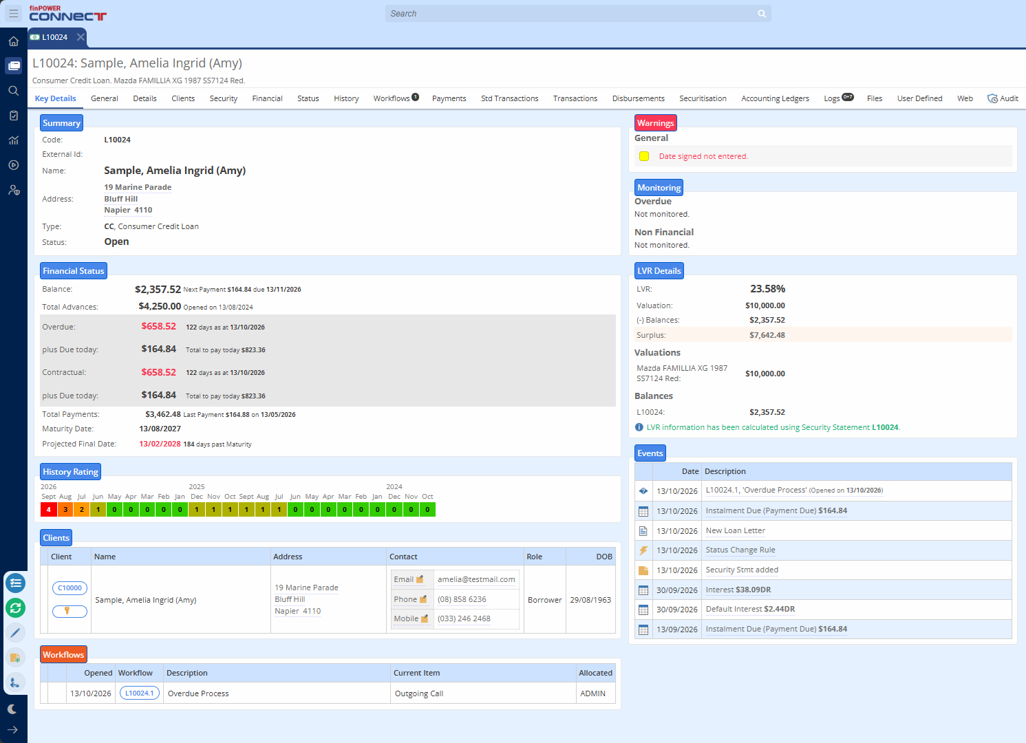A consumer loan account in finPOWER Connect Cloud.