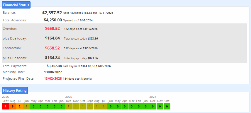 The Financial Status and History Rating panels of a loan account.