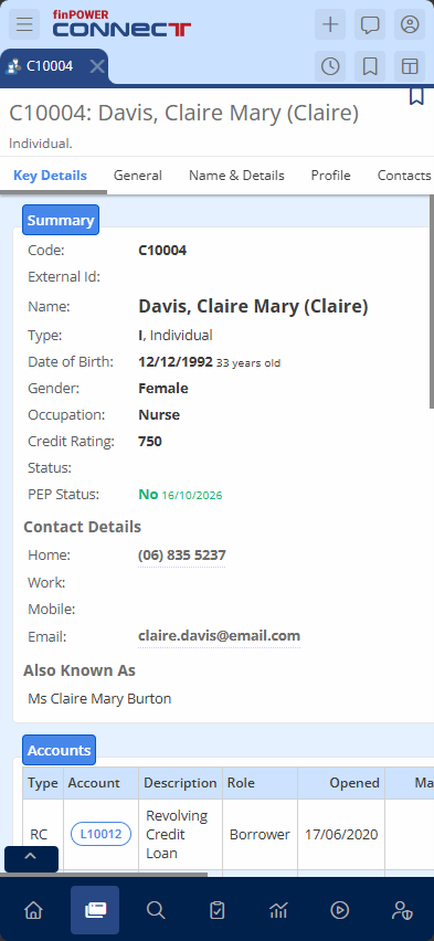 A client record in finPOWER Connect Cloud on a phone.
