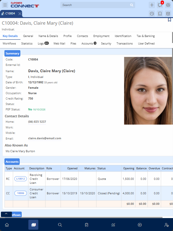 A client record in finPOWER Connect Cloud on a tablet.